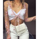 Yipinpay Womens Summer Long Sleeve Floral Transparent Mesh Sheer Embroidered Swimsuit See-through Hollow Out Crop Tops Cover Up Beachwear