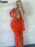 yipinpay Long Sleeve Orange Ruffles Maxi Autumn Dresses Women Clothing Club Party Y2K Elegant Outfits 2023 Sexy Cut Out Long Dress