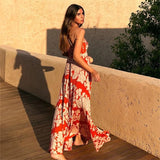 Yipinpay 2023 Pleated Floral Dress Woman Red Backless Slip Long Dress Women Summer Holiday Beach Dresses Sexy Midi Party Dresses