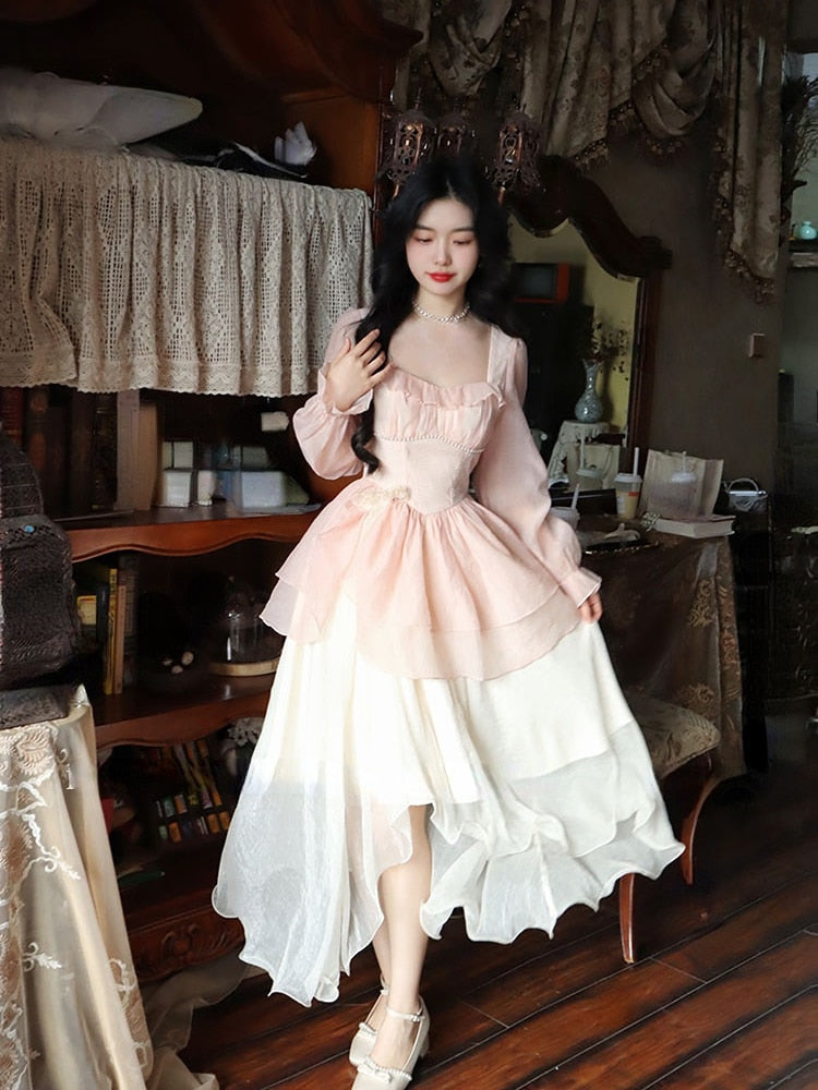 Yipinpay Sleeve Fairy Midi Dress Woman Casual Sweet Korean Fashion Dress Beach Party 2023 Summer French Elegant Solid Dress Chiffon