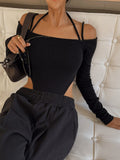 yipinpay Sleeve Sexy Bodysuit Off Shoulder Bodycon Club Party Body Women Outfit High Waist Top Streetwear Skinny Black Bodysuit