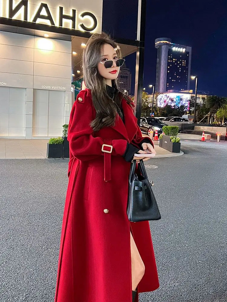 Yipinpay Temperament Ladies High-end Suit-style Woolen Coat Women's Autumn and Winter New Mid-length Single-breasted Design Woolen Coat