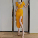 Yipinpay Women's Sexy Orange Drawstring T-shirt V Short Sleeve Top Summer 2023 New Cotton Slit Asymmetric Skirt Sets Wild
