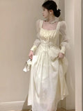 Yipinpay Elegant Lantern Sleeve Lace Up Midi Chiffon Dress Autumn and Spring Women Square Neck Evening Party Prom Robe Female