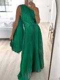 Yipinpay Chic Diagonal Collar Pleated Dress 2023 Summer Casual One Shoulder Backless Frock Elegant Evening Party Maxi Vestidos