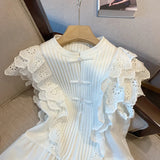 Yipinpay for Women Temperament Chinese Stand Flying Sleeve White Shirt Femme Crop Tops Blusa Feminina Ruffle Doll Blouse Mujer