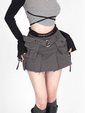 Yipinpay Cargo Skirt Denim Women Y2k Vintage High Waist Pocket Belt Pleated Mini Skirt Sexy Fake Two-piece Patchwork Streetwear