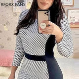 Yipinpay Women Elegant Chic Polka Dot Patchwork Round Neck Wrist Mermaid Bodycon Midi Working Dress