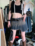 Yipinpay Grunge Y2k Denim Skirt Pleated Women Vintage Acubi Fashion Irregular Low Waist Bandage A-line Sexy Mini Skirt Streetwear