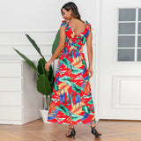 Yipinpay European and American New Large Size Fashion Sleeveless Bow Sling Printed Big Swing Beach Skirt Dress Women