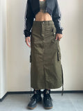 Yipinpay Long Cargo Skirt Women Y2k Streetwear Vintage Pocket High Waist Side Split Shirring Casual Straight Midi Skirt Korean