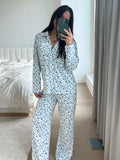 Yipinpay Women's Y2K 2Pcs Heart/Floral Print Pajamas Set Long Sleeve Lapel Button Up Shirt Tops+Sleepwear Pants Pjs Loungewear