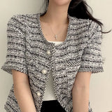 Yipinpay Femininas O Neck Short Sleeve Blue Tweed Jacket Cropped Cardigan Tops Suit Summer Plaid Shirt Women Casual Coat Korean