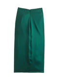 Yipinpay Green Long Skirts For Women Knot Satin Skirt Woman Ruched High Waist Slit Midi Skirt Fashion Streetwear Elegant Skirts Sets
