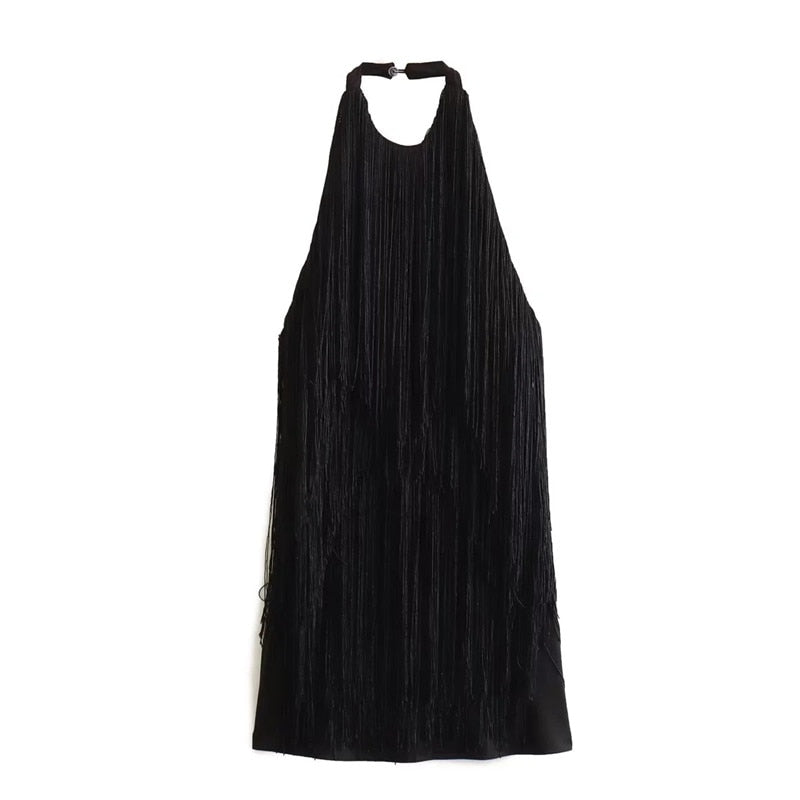 Yipinpay Fringed Halter Short Dresses For Women Blue Backless Mini Dress Woman Sexy Evening Party Dresses For Prom Summer Dress