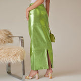 Yipinpay Sparkly Slit Long Skirts Women High Waist Metallic Green Slim Maxi Skirt 2023 Summer Harajuku Elegant Fairy Grunge Clothes