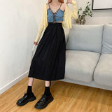 Yipinpay Vintage Brown Pleated Long Skirts Women Korean Fashion High Waist Chic Elegant A-line Midi Skirt for Girls Preppy Style