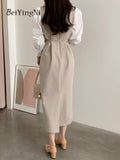 yipinpay Korean Chic Long Sleeve Midi Dresses Women 2023 Spring Autumn Casual Eelgant Office Ladies Dress Sashes Spell Color