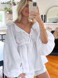 Yipinpay White Casual Cotton Shorts Women Suits Two Pieces Vacation Linen Outfits Lace-Up Loose Tops And Hot Pants Sets Lady