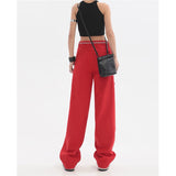 yipinpay Women's Clothing Red Jeans Vintage Casual Straight Self Cultivation Wide Leg Pants High Waist Baggy Denim Trouser Ladies Summer