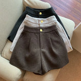 Yipinpay Korean Split Wide Legs Autumn Winter New Black Thickened Woolen Shorts for Women's Casual Short Femme Y2k Shorts