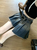 Yipinpay Grunge Y2k Denim Skirt Pleated Women Vintage Acubi Fashion Irregular Low Waist Bandage A-line Sexy Mini Skirt Streetwear