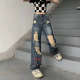 Yipinpay Hole Boyfriend High Waist Women's Wide Leg Baggy Jeans Woman Streetwear Vintage Denim Trouser Fairy Grunge Alt Clothes