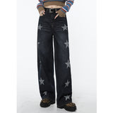 yipinpay Women Blue Jeans Stars Vintage American Fashion Streetwear Style Bottoms Wide Leg Jean Female Baggy Trouser Straight Denim Pants