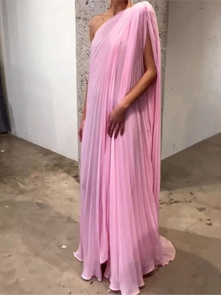 Yipinpay Women Fashion Trend One Shoulder Pleated Dresses Elegant Loose Irregular Batwing Sleeve Frock Ladies Pink Evening Maxi Vestidos
