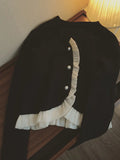 Yipinpay Women's Sweaters 2023 Autumn Gentle Korean Pearl Button Ruffled Patchwork Pink Cropped Cardigan V Long Sleeve Mesh Knitted Coat