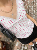 Yipinpay Women's Vintage Sexy Camisole Sleeveless Deep V-neck Heart Dotted Print Lace Trim Patchwork Tops Slim Fit Summer Vest