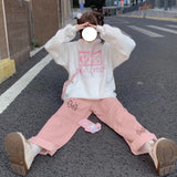 Yipinpay Corduroy Wide Leg Pants Women Overalls Japanese New Soft Girl Cute Rabbit Print Student High Waist Loose Trouser Female