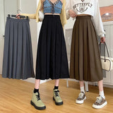 Yipinpay Vintage Brown Pleated Long Skirts Women Korean Fashion High Waist Chic Elegant A-line Midi Skirt for Girls Preppy Style