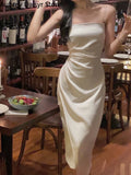 Yipinpay Elegant Spaghetti Strap Midi Dress Women Summer Sexy Irregular Split Prom Dress Vintage Casual Folds Evening Party Dress