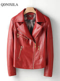 Yipinpay Autumn Winter Women's Faux Leather Jacket Moto Biker Zipper Asymmetric Red PU Imitation Leather Women Coat Oversize Winter