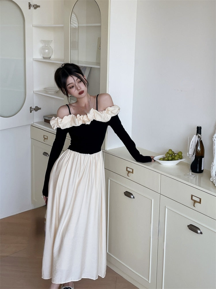 Yipinpay Sleeve Elegant Midi Dress Woman Casual Korean Fashion Evening Party Dress 2023 Autumn Patchwork Design Slim Vintage Dress