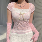 Yipinpay Pink Fairycore Lace Tops Harajuku Women Sweet Aesthetic Kawaii Clothes Patchwork Square Collar Short Sleeve Summer Tees