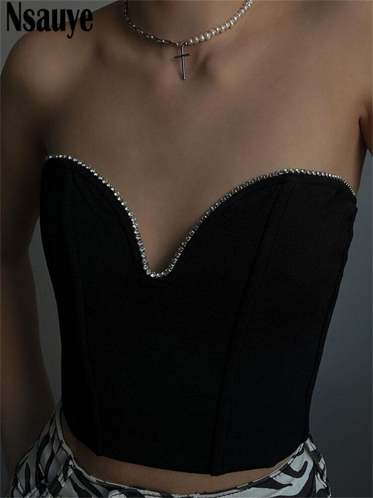 yipinpay Y2K Sleeveless Vintage Bustier Corset Tops Women Night Club Sexy Backless Off Shoulder Diamonds Black Tube Crop Tops 2023