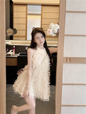 Yipinpay Loose Sexy Design Open Back Hanging Neck Short Tassel Dress Women's Spring Vestido Feminino Bow Lace Up Vintage
