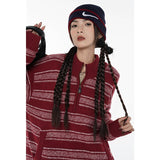 yipinpay Women Red Stripe Sweater Color Contrast Half Zipper Fashion Vintage Lazy Wind Loose Winter Female Thickening Knitting Pullover