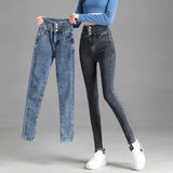 Yipinpay Leggings Jeans Women Velvet Thicken Warm Pencil Pants Casual High Waist Female Korean Thermal Straight Skinny Denim Trousers