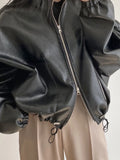 Yipinpay Punk Black Leather Jacket Women Outerwear Loose Zipper Cropped Leather Jacket Casual Moto Biker Streetwear Leather Coat