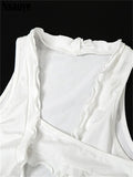 yipinpay Irregular Ruffles Sleeveless Hollow Out White Mini Dresses For Women Casual Chic Summer Beach Holiday Short Dress 2023