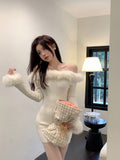 Yipinpay Bodycon Y2k Mini Dress Woman Off Shoulder Elegant Knitted Dress Faux Fur One Piece Dress Korean Fashion 2023 Winter Slim