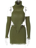 yipinpay Two Piece Sets Turtlenck Crop Top Tassel Mini Skirt Sets Women Outfits Y2K Clothes Solid Slim Streetwear Green Dress Set