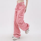 yipinpay Women Pink Cargo Pants High Waist Casual Vintage Fashion Leisure Straight Wide Leg Pants Female 2023 Summer Mopping Trouser