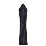 Yipinpay Black Long Dress Women Satin Backless Dress Woman Beaded Halter Evening Party Dresses For Women 2023 Sexy Summer Dresses