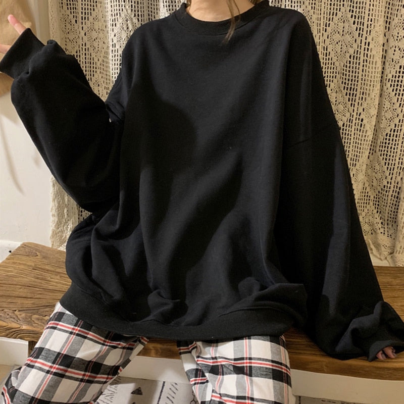 yipinpay Wind Blue Crew Simplicity Baggy Sweatshirt Women Spring Autumn Fashion Fleece Thicken Vintage Long Sleeves Pullover TOP