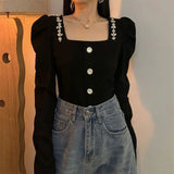 Yipinpay for Women Palace Style Puff Sleeve Waist Style Retro Square Long Sleeve Shirt Women Black Top Rhinestone T Shirt Blouse