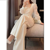 Yipinpay Tailored Trousers Wide Leg Pant Suits Autumn Square Collar Double-breasted Blazers Women Belt Waist Thin Coat 2 Sets